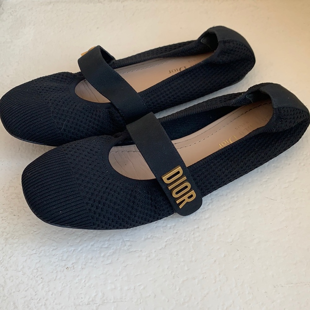 Dior technical knit flats. Black and matte gold dior flats.